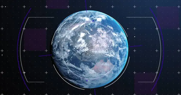 Afbeelding Van Scope Scanning Markers Hele Wereld Blauwe Achtergrond Global — Stockfoto