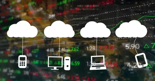 Afbeelding Van Wolken Met Pictogrammen Gegevensverwerking Stadsgezicht Global Technology Computing — Stockfoto
