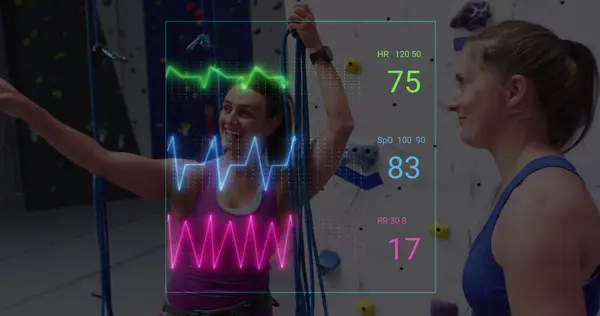 Bilde Neon Hjertefrekvens Glade Caucasianske Kvinner Som Trener Sport Fitness – stockfoto