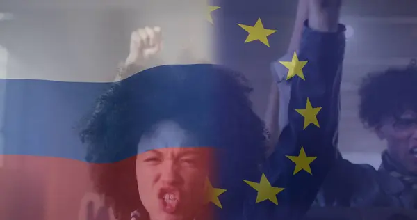 Immagine Bandiera Della Russia Unione Europea Manifestanti Afro Americani Sesso — Foto Stock