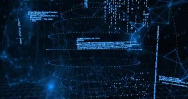 Dünya üzerinde veri işlemenin animasyonu ve kara arkaplan üzerindeki bağlantı ağı. Küresel teknoloji, hesaplama, bağlantılar ve dijital arayüz konsepti dijital olarak oluşturulmuş video.