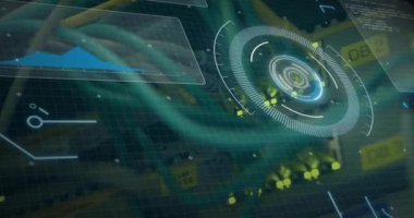 Bilgisayar sunucusu üzerinde tarama yaparak veri işleme animasyonu. Küresel teknoloji, hesaplama, bağlantılar ve dijital arayüz konsepti dijital olarak oluşturulmuş video.