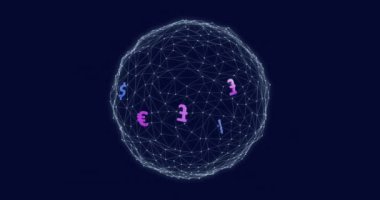 Siyah arkaplandaki para birimi sembolleriyle bağlantıların küreselleşmesi. Finansal, bilgisayar, bağlantılar ve dijital arayüz konsepti dijital olarak oluşturulmuş video.