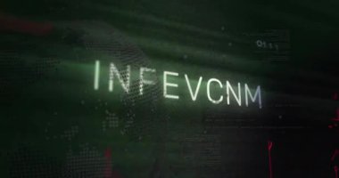 Siyah arkaplan üzerinde enfekte olmuş metin ve dijital veri işleme animasyonu. Küresel siber güvenlik, bağlantılar, hesaplama ve veri işleme kavramı dijital olarak oluşturuldu.