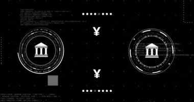 Siyah arkaplan üzerinde veri işleme ile banka ve para birimi simgelerinin animasyonu. Küresel finans, iş, bağlantılar, hesaplama ve veri işleme kavramı dijital olarak oluşturulmuş video.