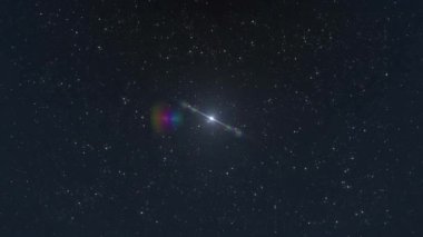 Gökyüzündeki yıldızımsı siyah gökyüzünde hareket eden prizmatik ışınlar ile parlayan beyaz ışık noktasının animasyonu. Uzay, teknoloji, enerji, gizem, seyahat ve iletişim, dijital olarak oluşturulmuş video.