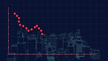 Siyah arka planda dijital şehir modeli üzerinden finansal veri işleme animasyonu. Küresel finans, mimari ve dijital arayüz kavramı dijital olarak oluşturulmuş video.