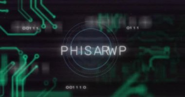 Siyah arkaplan üzerinde sahte metin ve dijital veri işleme animasyonu. Dijital olarak oluşturulmuş küresel bağlantılar, hesaplama ve veri işleme kavramı.