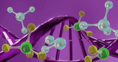 DNA ipliği üzerinde yüzen moleküllerin animasyonu. Bilim, şekiller ve dijital arayüz konsepti dijital olarak oluşturulmuş video.