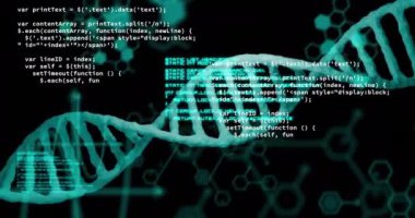 DNA ipliği üzerinde veri işleme ve kimyasal formüllerin animasyonu. Teknoloji, tıp ve dijital arayüz kavramı dijital olarak oluşturulmuş video.