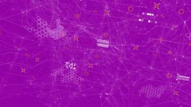 Mor arkaplandaki simgelerle bağlantı ağının animasyonu. Teknoloji ve dijital arayüz kavramı dijital olarak oluşturuldu.