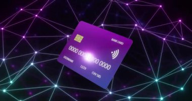 Siyah arka planda parlayan bir ağ üzerinden kredi kartı animasyonu. Küresel çevrimiçi bankacılık, alışveriş, iş, bağlantılar, bilgisayar ve veri işleme kavramı dijital olarak oluşturulmuş video.