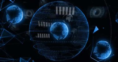 Siyah arkaplan üzerinde küresel ve dijital veri işleme animasyonu. Dijital olarak oluşturulmuş küresel bağlantılar, hesaplama ve veri işleme kavramı.