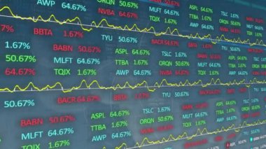 Karanlık arka planda finansal veri işleme animasyonu. Küresel finans, iş, bağlantılar, hesaplama ve veri işleme kavramı dijital olarak oluşturulmuş video.