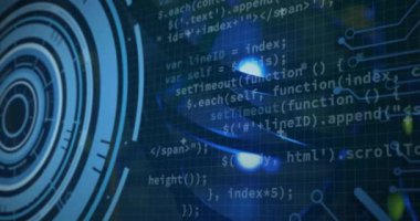 Bilgisayar devre kartından dijital veri işleme animasyonu. Dijital olarak oluşturulmuş küresel bağlantılar, hesaplama ve veri işleme kavramı.