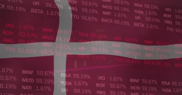 デンマークの旗の上の金融データ処理のアニメーション グローバルビジネス コネクション コンピューティング データ処理のコンセプトをデジタル生成したビデオ — ストック動画