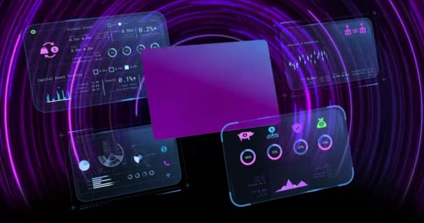 在黑色背景的紫色圆圈上动画财务数据处理和信用卡 计算和数字接口概念 — 图库视频影像
