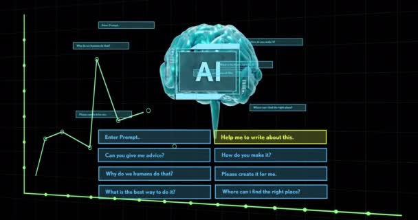 Animatie Van Tekst Hersenen Digitale Gegevensverwerking Zwarte Achtergrond Mondiale Kunstmatige — Stockvideo