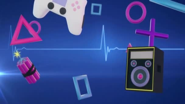 Oyun Kontrolörlerinin Simgelerin Arayüz Aygıtlarının Mavi Arkaplanda Kalp Atışları Üzerindeki — Stok video