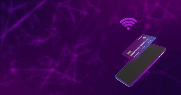 紫色のバックグラウンド上のデータを持つスマートフォンとクレジットカードのアニメーション グローバルオンラインバンキング ショッピング ビジネス コネクション コンピューティング データ処理コンセプトデジタル生成ビデオ — ストック動画