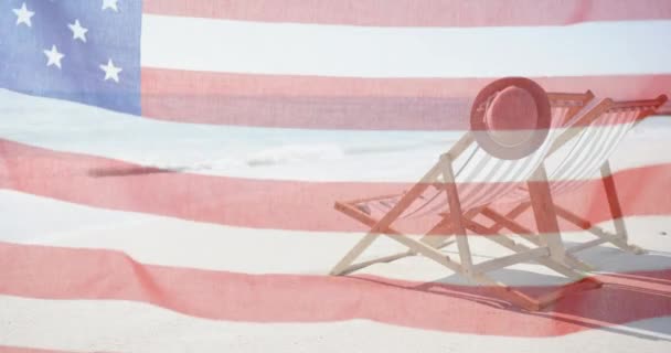 화창한 해변에 의자와 Sunhat에 국기의 애니메이션 라이프 스타일 애국심 디지털 — 비디오