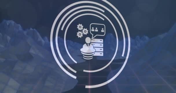 Анимация Круговых Сканеров Обрабатывающих Бизнес Иконки Иконки Данных Над Темным — стоковое видео