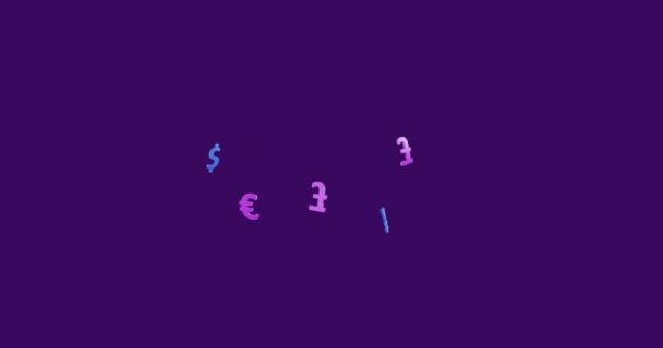 Animación Símbolos Monetarios Sobre Fondo Púrpura Finanzas Informática Conexiones Interfaz — Vídeo de stock