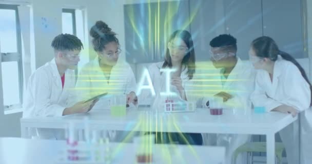 Animering Aitext Och Databehandling Över Olika Studenter Laboratorium Artificiell Intelligens — Stockvideo