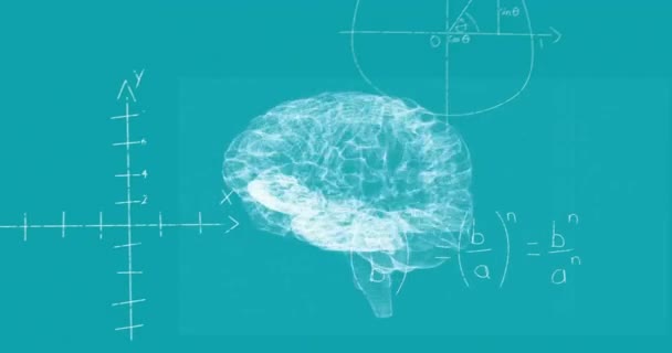数字旋转大脑在数学方程上的动画 科学和数字接口概念数字生成视频 — 图库视频影像
