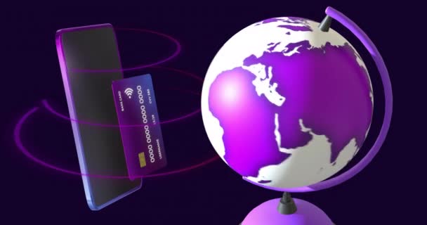 Animation Der Kreditkarte Mit Smartphone Und Globus Auf Schwarzem Hintergrund — Stockvideo