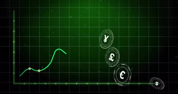 Animazione Simboli Valuta Elaborazione Dati Finanziari Sfondo Nero Finanze Connessioni — Video Stock