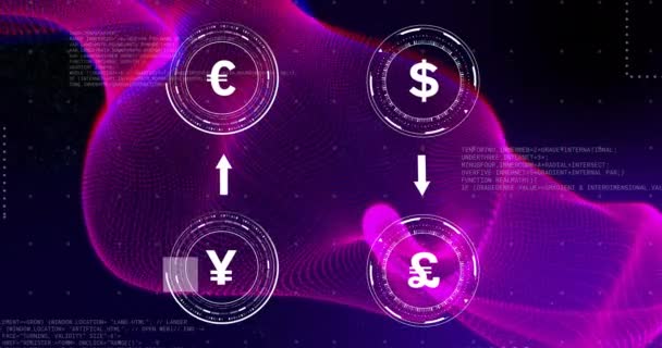 在黑色背景上以紫色形状处理数据的货币符号动画 连接和数字视频产生的数字接口概念 — 图库视频影像
