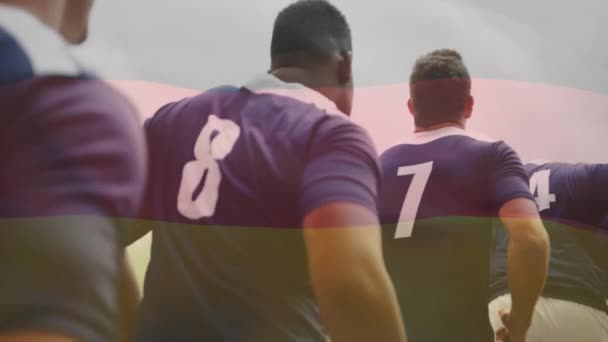 Animacja Flagi Niemiec Nad Różnymi Graczami Rugby Boisku Koncepcja Globalnego — Wideo stockowe