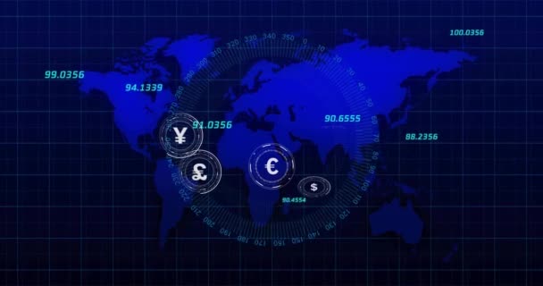 Animering Valutasymboler Med Databehandling Över Världskartan Svart Bakgrund Ekonomi Anslutningar — Stockvideo