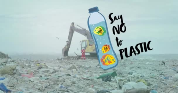 Animación Decir Texto Plástico Botella Con Pescado Sobre Basura Vertedero — Vídeo de stock