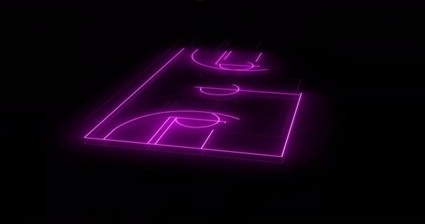 Siyah Zemin Üzerinde Mor Neon Basketbol Sahası Üzerinde Sarı Kırmızı — Stok video