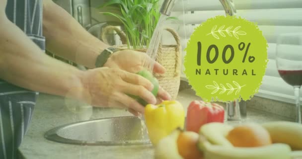 キッチンで健康的な食事を準備する多様なカップル以上の100 自然なテキストのアニメーション 有機食品 健康的な食事 調理コンセプトデジタル生成されたビデオ — ストック動画