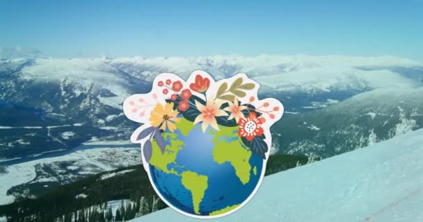 雪山の風景に花が咲いている惑星地球のアニメーション 気候変動 エコロジー 環境意識 デジタル生成されたビデオ — ストック動画