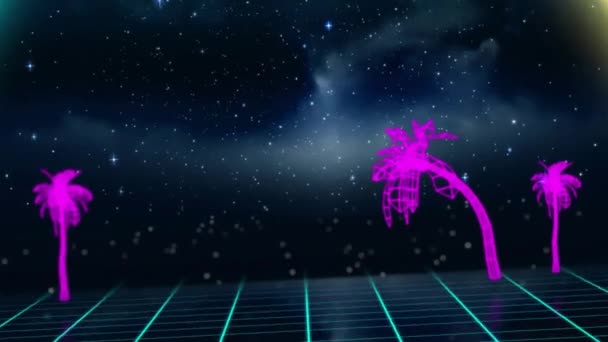 星空と赤い光の上にグリッド上のネオン三角形とピンクのヤシの木のアニメーション ネットワーク 発見と通信 デジタル生成されたビデオ — ストック動画