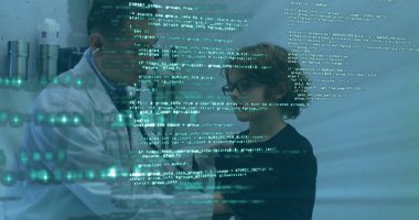 Genç bir hastayı muayene eden bir erkek doktorun görüntüsü. Covid 19 salgın sağlık hizmetleri bilim konsepti dijital olarak oluşturulmuş görüntü.