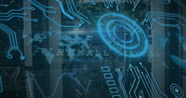 Veri işleme ve yuvarlak tarayıcıyla bir bilgisayar sunucusuna yakın arayüz görüntüsü. Bilgisayar arayüzü ve iş veri depolama teknolojisi kavramı