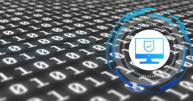 Image of data processing with shield icon over blue background. Global technology and digital interface concept digitally generated image