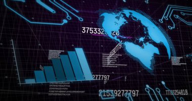 Siyah arkaplan üzerinde veri işleme ve küre resmi. Küresel iş ve dijital arayüz kavramı dijital olarak oluşturulmuş görüntü.