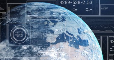 Dünya çapında finansal veri işleme görüntüsü. Küresel hesaplama, dijital arayüz ve veri işleme kavramı dijital olarak oluşturuldu.