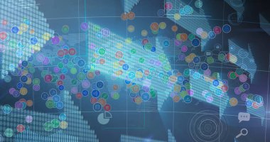 Arka plandaki dünya haritasının üzerinde dijital simgeler ve oklar. küresel bağlantılar ve dijital arayüz konsepti dijital olarak oluşturulmuş görüntü.