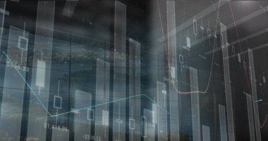 Pencereden şehir manzarasının havadan görüntüsü üzerinden istatistiksel veri işleme resmi. İş veri teknolojisi kavramı