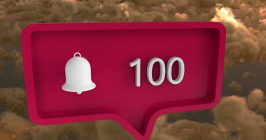 Gökyüzü ve bulutlar üzerinde konuşma baloncuğu üzerinde rakamlar olan bir uyarı simgesi. küresel sosyal medya ve iletişim konsepti dijital olarak oluşturulmuş görüntü.