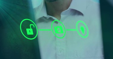 Ofiste telefon kulaklığı kullanan beyaz iş adamının medya simgeleri. Küresel iş, teknoloji ve dijital arayüz kavramı, dijital olarak oluşturulmuş görüntü.