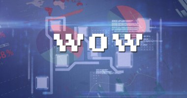Veri işleme ve bilgisayar devre kartının üzerinde wow metni resmi. küresel sosyal medya, hesaplama ve dijital arayüz kavramı dijital olarak oluşturulmuş görüntü.