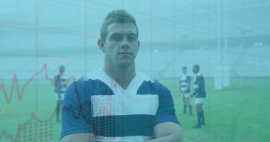 Ragbi oyuncularının istatistikleri. global spor, teknoloji, dijital arayüz ve bağlantılar konsepti dijital olarak oluşturulmuş görüntü.